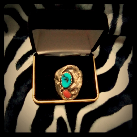 Navajo Eagle Turquoise & Coral Men"s Ring
